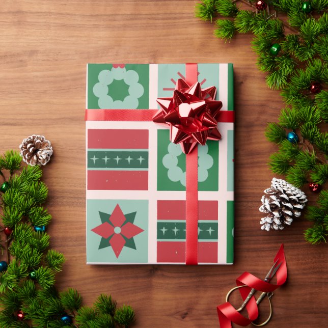 Papier Cadeau Style géométrique rouge vert à Noël (Cadeau de vacances)