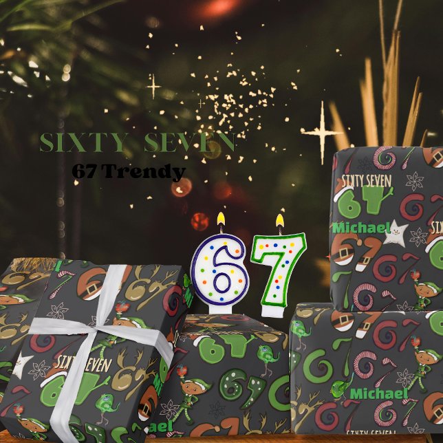 Papier Cadeau Stylé Gris Foncé  Soixante-Sept Branché / 67  (Stylish Dark Gray Trendy Sixty Seven  67 Wrapping Paper)