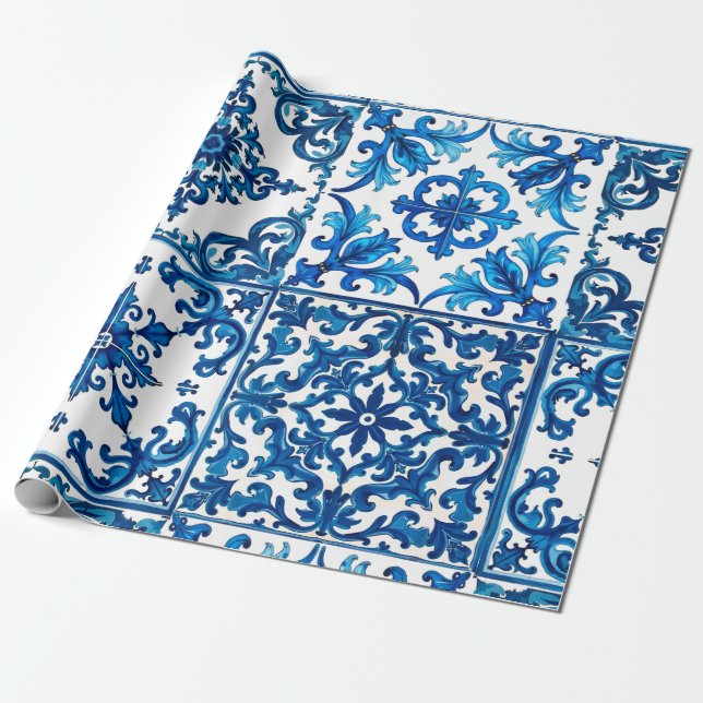 Papier Cadeau style italien, méditerranéen, mosaïque, bleu, (Déroulé)