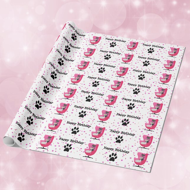 Papier Cadeau Style milieu du siècle Chats d'anniversaire Chats  (Mid century style cats pink chair black cat paw prints on white pink dotted roll Birthday gift wrap.)
