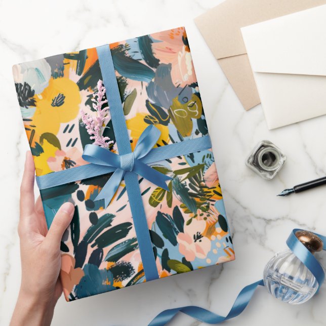 Papier Cadeau Style rose et bleu Abstrait motif floral élégant (Cadeaux)