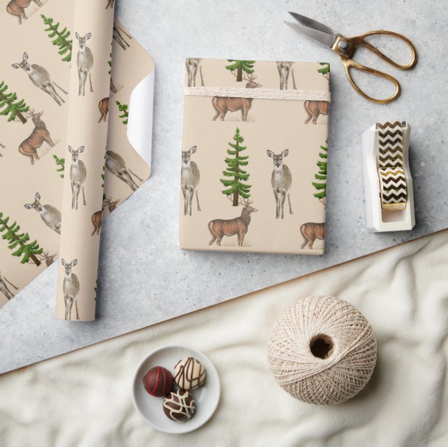 Papier Cadeau Style Rustique Motif Cerf et Sapin  (Artisanat)