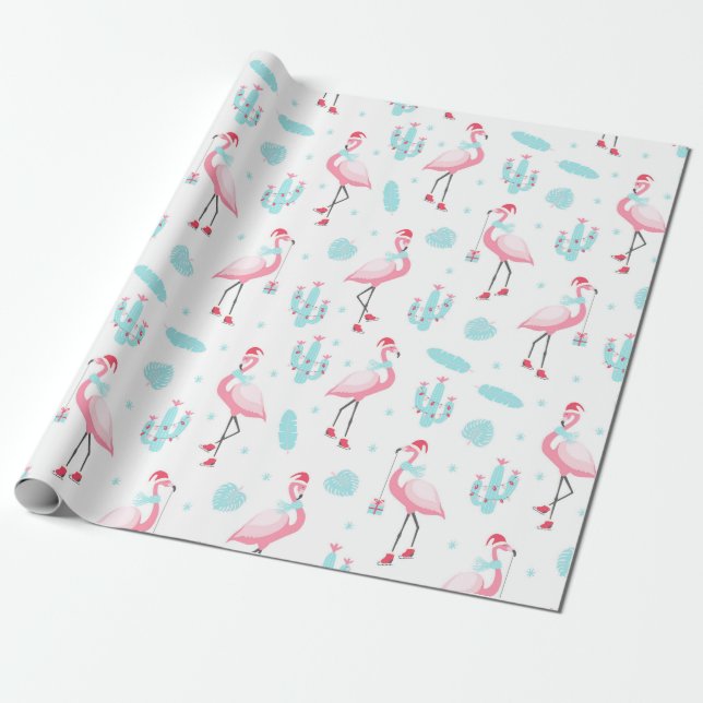 Papier Cadeau Style Tropical Noël rose Flamant rose fille (Déroulé)