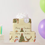 Papier Cadeau Style vintage Joyeux Noël<br><div class="desc">Une scène de noël vintage avec un arbre un bonhomme de neige et un renne. Cette conception semble vraiment efficace sur ces papiers d'enveloppement</div>