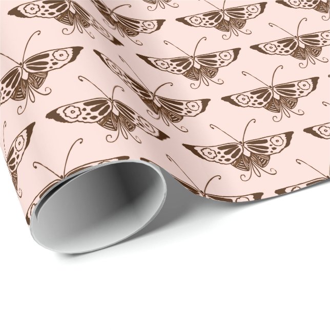 Papier Cadeau Stylized art Deco butterfly - chocolate and peach (Coin rond)
