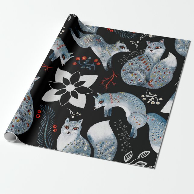 Papier Cadeau  Stylized blue foxes with intricate floral designs (Déroulé)