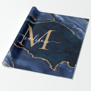Papier Cadeau Stylo Marine Blue Gold Agate Géode Chic Monogramme