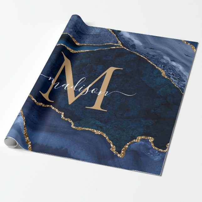 Papier Cadeau Stylo Marine Blue Gold Agate Géode Chic Monogramme (Déroulé)