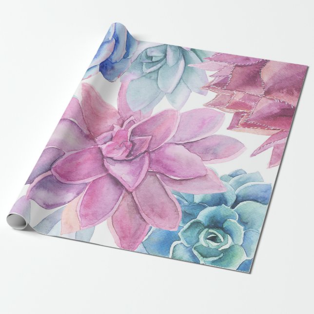 Papier Cadeau Succulentes Moderne Élégance Blanche Florale de Ja (Déroulé)