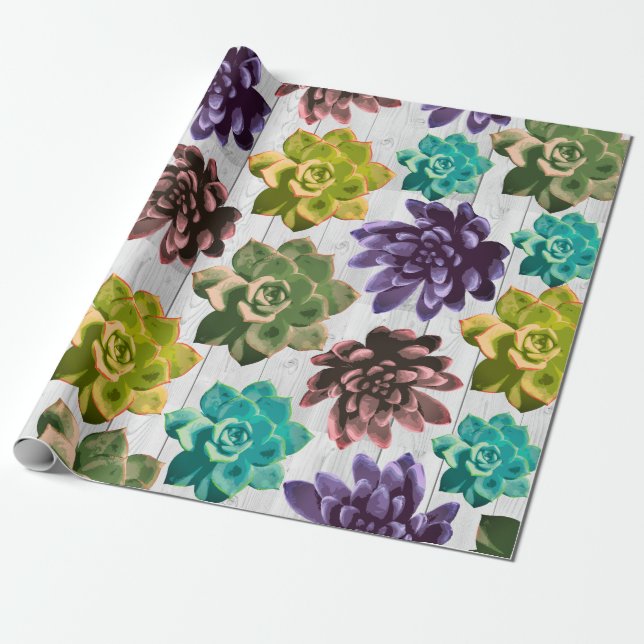 Papier Cadeau Succulents & Plaques en bois blanc rustique (Déroulé)