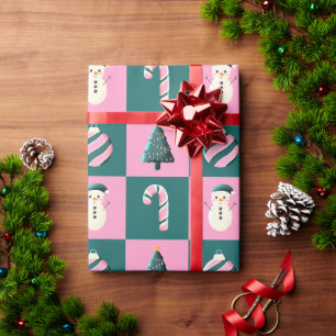 Papier Cadeau Sucre de canne de Noël bonhomme de neige rose cyan