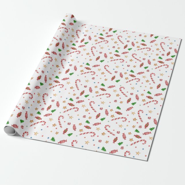 Papier Cadeau Sucre de canne de Noël Etoiles Aquarelle Vacances (Déroulé)