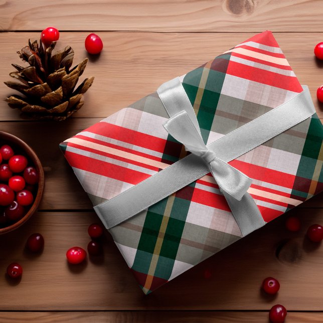 Papier Cadeau Sucre de canne élégant rouge vert rouge Motif plat (Festive Stylish Candy Cane Red Green Plaid Pattern Wrapping Paper)