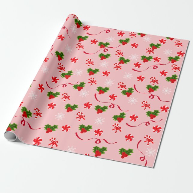 Papier Cadeau Sucre de canne rose et ruban rouge Berries de Noël (Déroulé)