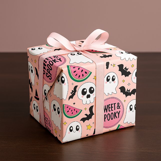 Papier Cadeau "Sucré et Spooky" Halloween Fantômes et Pastèques (Créateur téléchargé)