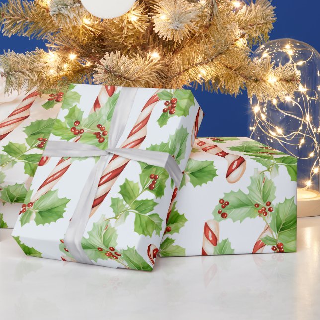Papier Cadeau Sucres de canne Berries d'hiver Vert Noël moderne (Vacances)
