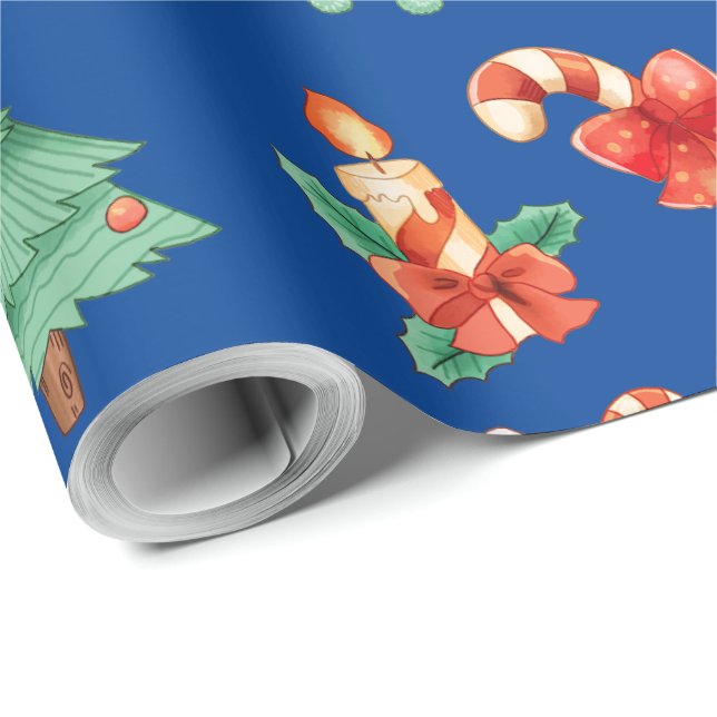 Papier Cadeau Sucres de canne de Noël, bougies et arbres (Coin rond)