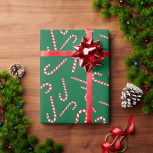 Papier Cadeau Sucres de canne de Noël doux vert foncé sans coutu