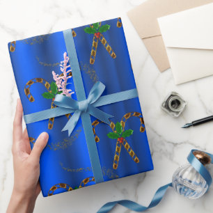 Papier Cadeau Sucres de canne d'or pour Noël bleu