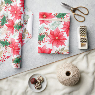 Papier Cadeau Sucres de canne et Poinsettias Noël