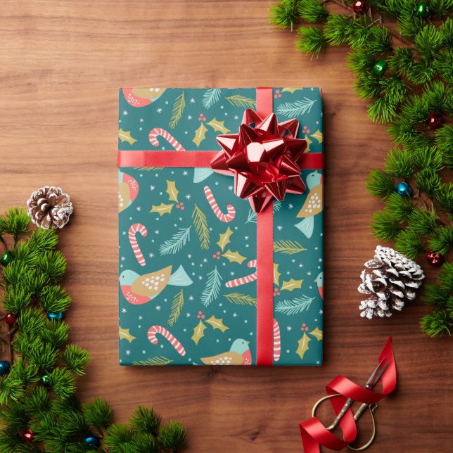 Papier Cadeau Sucres de canne Holly Pine Boughs Oiseau (Cadeau de vacances)
