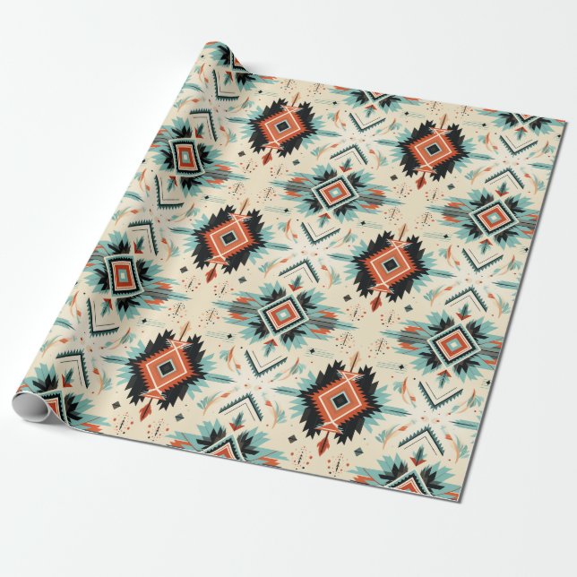 Papier Cadeau Sud-ouest Désert Bleu Adobo Terracotta Motif (Déroulé)