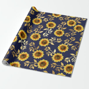 Papier Cadeau Sunny Yellow Gold Navy Feuille Motif