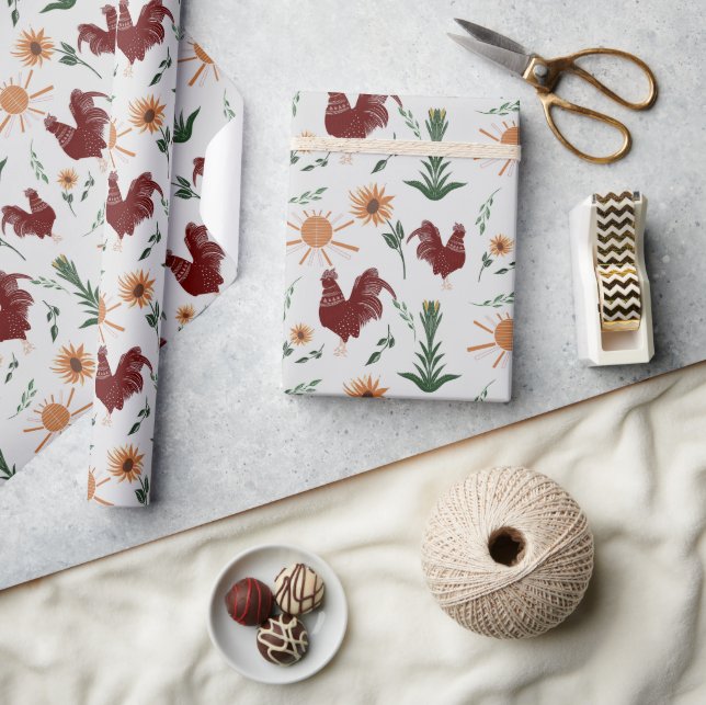 Papier Cadeau Sunshine Folk Art Rooster Motif (Artisanat)
