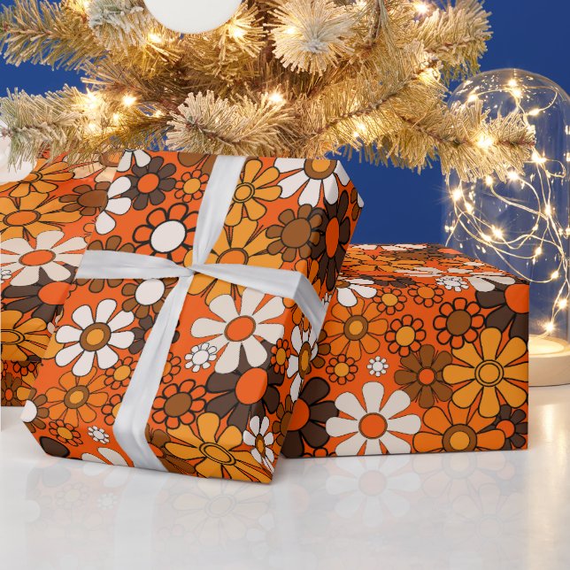 Papier Cadeau Super les années 70 rétro Floral Orange et Motif B (Vacances)