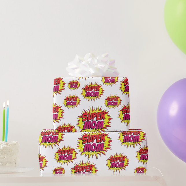 Papier Cadeau Super Maman sur fond blanc (Cadeaux de fête)