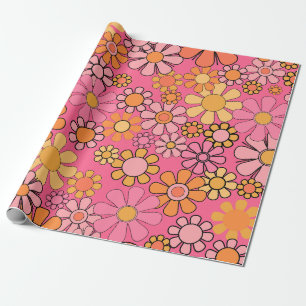 Papier Cadeau Super motif floral rétro 60s les années 70 rose
