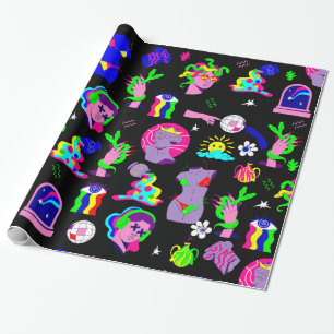 Papier Cadeau super psychédélique medusa disco noir