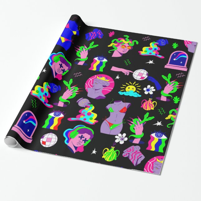 Papier Cadeau super psychédélique medusa disco noir (Déroulé)
