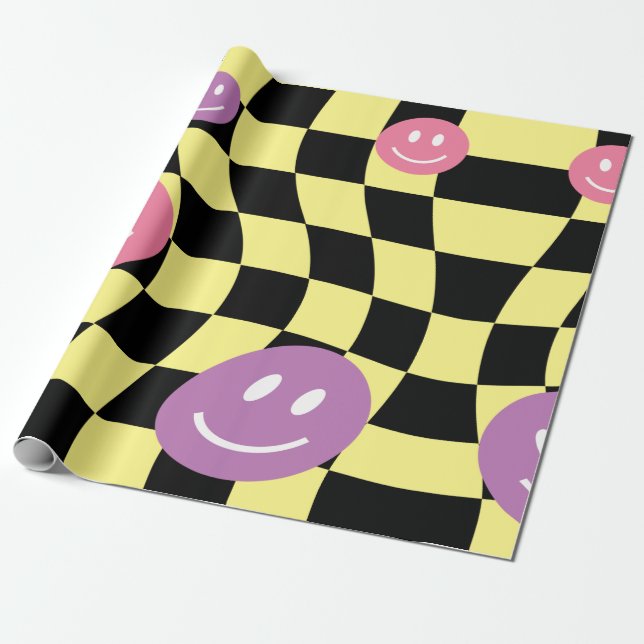 Papier Cadeau Super psychédélique Retro Smiley Checkerboard, (Déroulé)