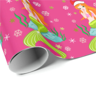 Papier Cadeau Superbe sirène de Noël flocons de neige or motif