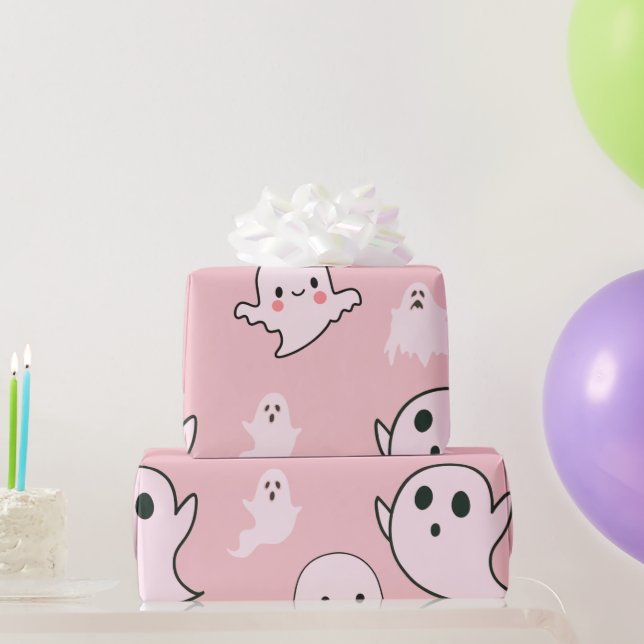 Papier Cadeau Superbes fantômes blancs roses clair pour Hallowee (Cadeaux de fête)