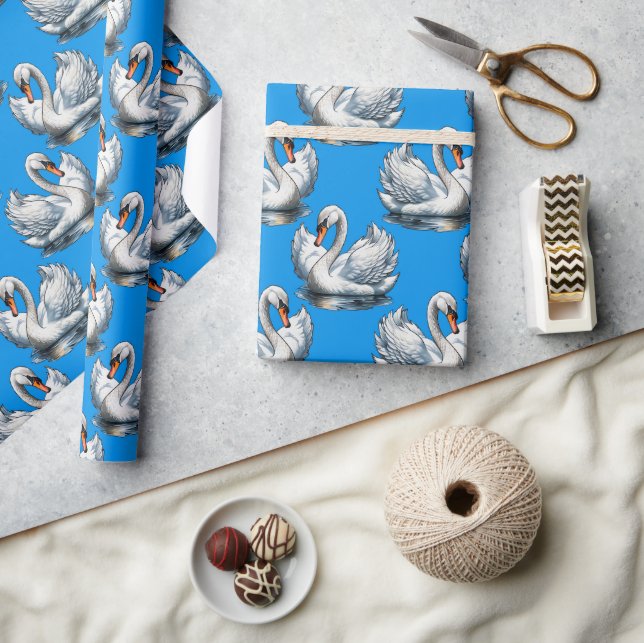 Papier Cadeau Swan Birds Pattern Design On Blue  (Artisanat)