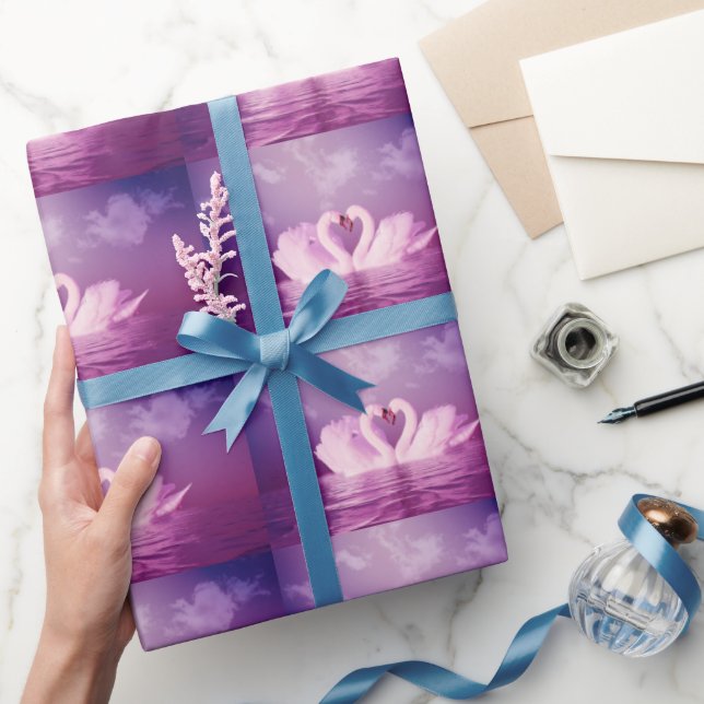 Papier Cadeau Swans d'amour du coeur violet rose rose Personnali (Cadeaux)