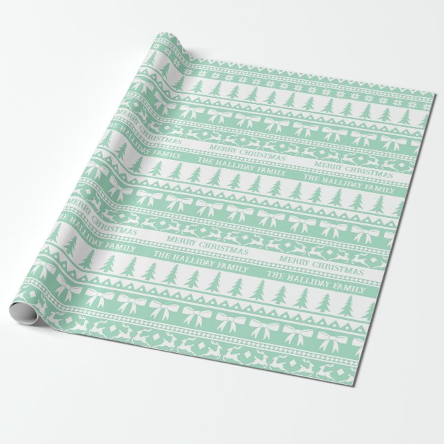 Papier Cadeau Sweat de Noël Nom de famille Monogram Mint Green (Déroulé)