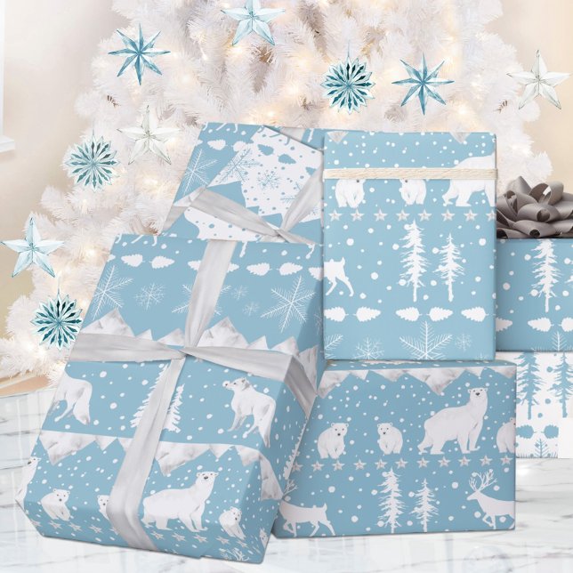 Papier Cadeau Sweat nordique Blanc Animaux d'hiver Ciel bleu (Nordic Sweater Blue & White Winter Animals Christmas Holiday Wrapping Paper Rolls)