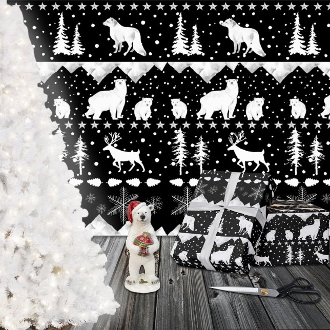 Papier Cadeau Sweat nordique Blanc Animaux d'hiver Noir (Nordic Sweater White Winter Animals Black Christmas Holiday Gift Wrapping Rolls)