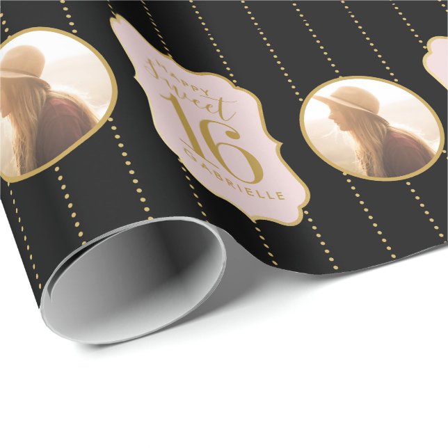 Papier Cadeau Sweet 16 Anniversaire rose noir photo personnalisé (Coin rond)