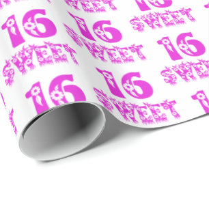 Papier Cadeau Sweet 16 Jolie florale Hot rose Typographie
