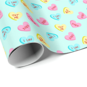 Papier Cadeau Sweet Candy Coeurs avec mots Bleu Saint Valentin