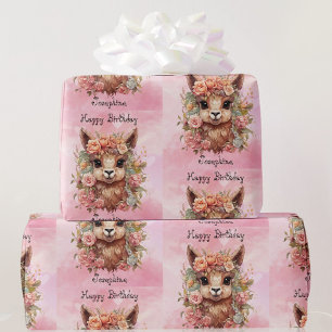 Papier Cadeau Sweet Llama Birthday Girl Ajouter Nom Alpaca rose