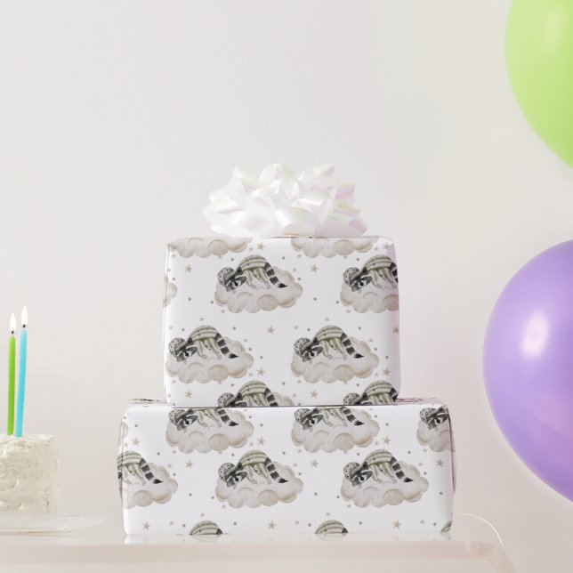 Papier Cadeau Sweet Moon Dreams Sleepy Raccoon, Nuages, Étoiles (Cadeaux de fête)