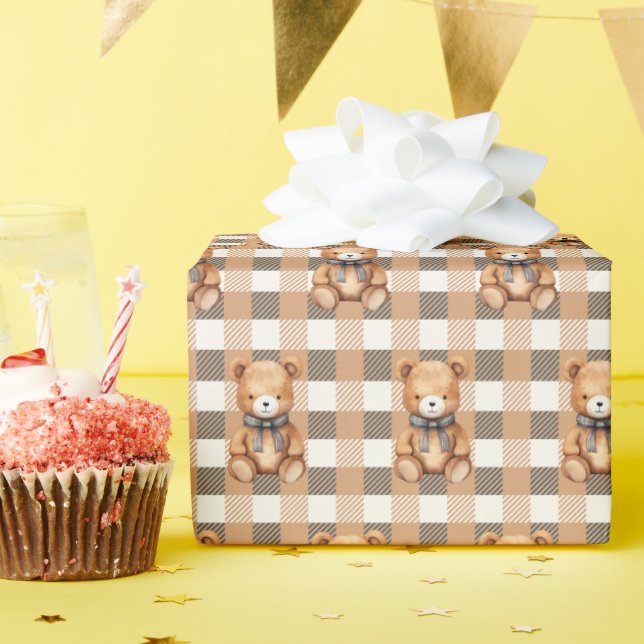 Papier Cadeau Sweet Neutral Teddy Bear Plaid  (Fête d'anniversaire)