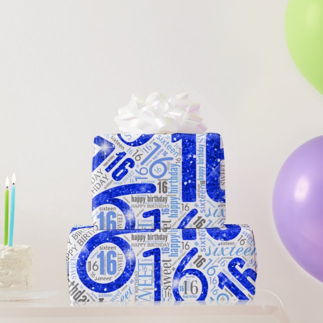 Papier Cadeau Sweet sixteen Parkle Mot Cloud Bleu Blanc ID265 (Cadeaux de fête)