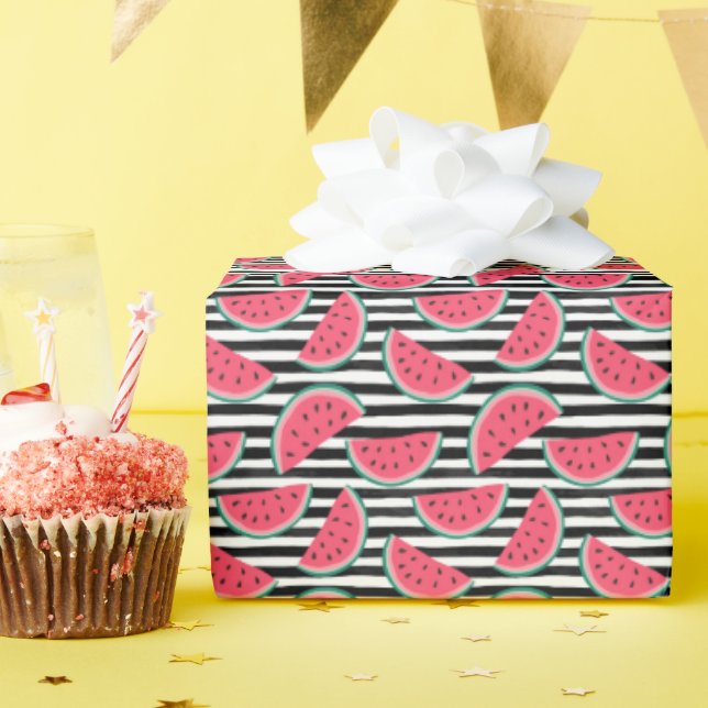 Papier Cadeau Sweet Watermelon sur bandes Motif noir et blanc (Fête d'anniversaire)