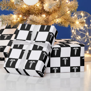 Papier Cadeau Symbole Médicale noir et blanc Caduceus